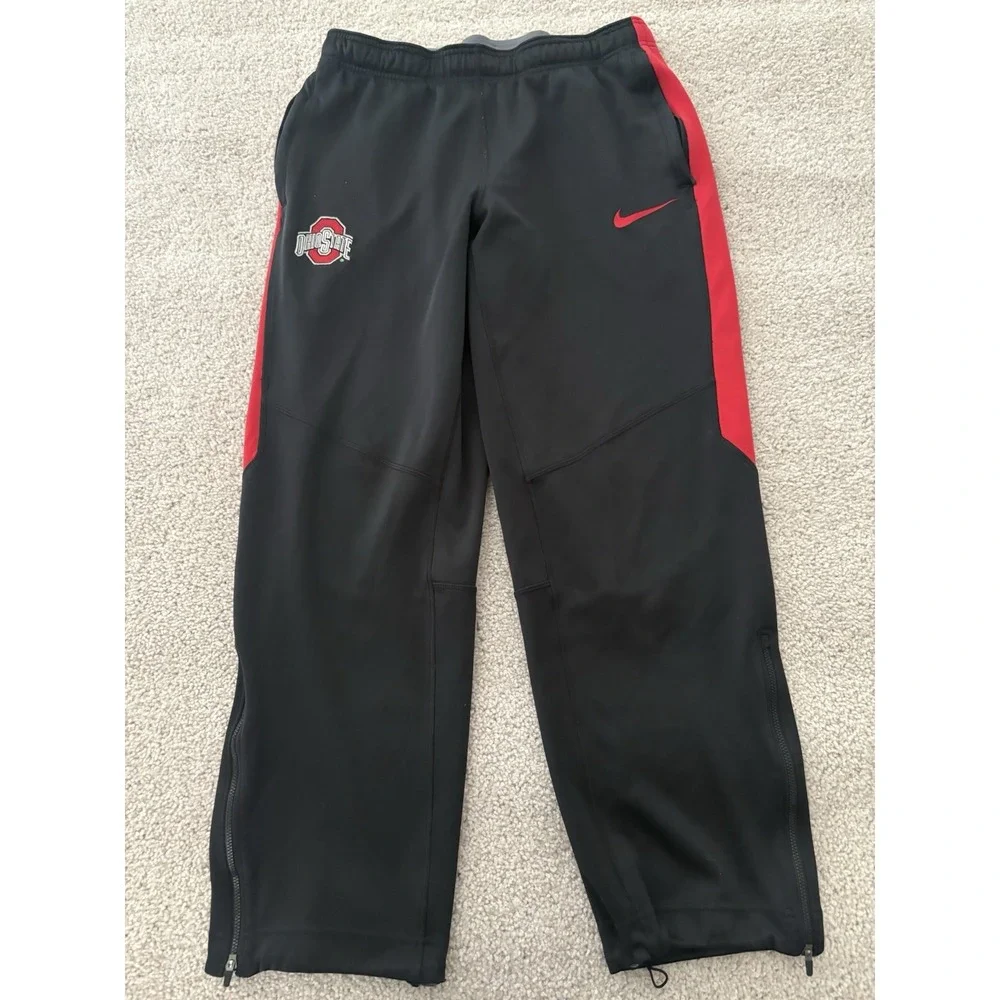 Nike Ohio State Buckeyes Mens M Dri-Fit Track Pants Black Red Stripe Ankle Zip